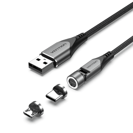 Câble magnétique rotatif  USB A vers 2-en-1 USB-C&Micro-B